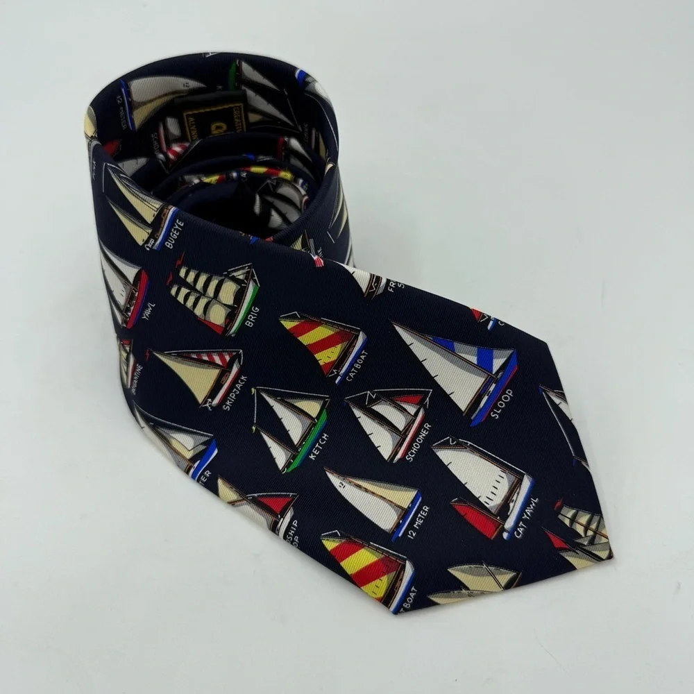 Alynn Neckwear “Name That Boat” Tie Eric Holch Silk Necktie Sailboats navy blue